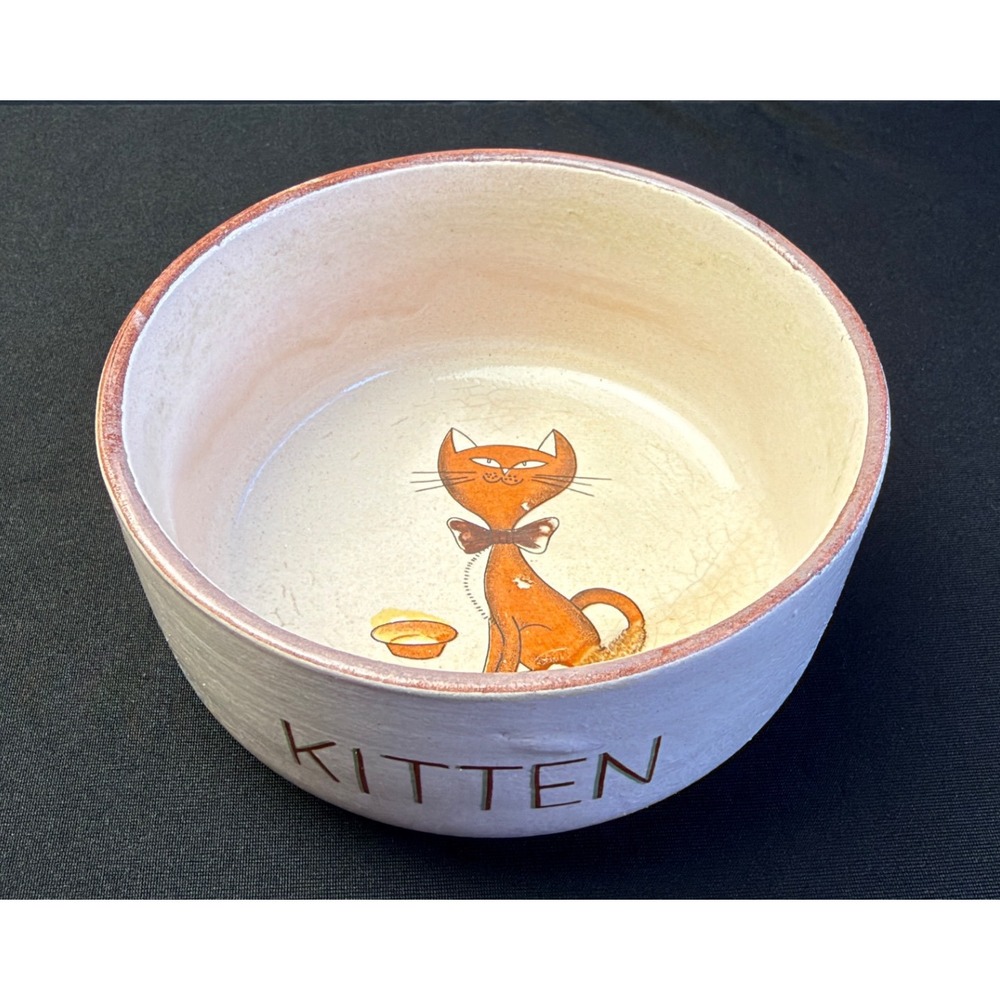 Vintage MCM Ceramic Kitten Bowl Orange Cat Graphic Retro Pet Dish Cream Small 5"